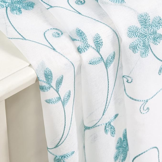 HOMEIDEAS White and Blue Embroidered Floral Sheer Curtains 96 Inches Long 2 - Image 7