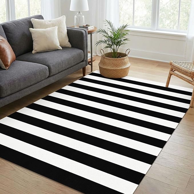 KOZYFLY Black and White Striped Area Rug 4x6 Ft Outdoor Rug Washable Indoor Outdoor Rug Hand Woven Cotton Door Mat Outdoor Entrance Mat for Front Door Kitchen Entryway Patio Front Porch Decor