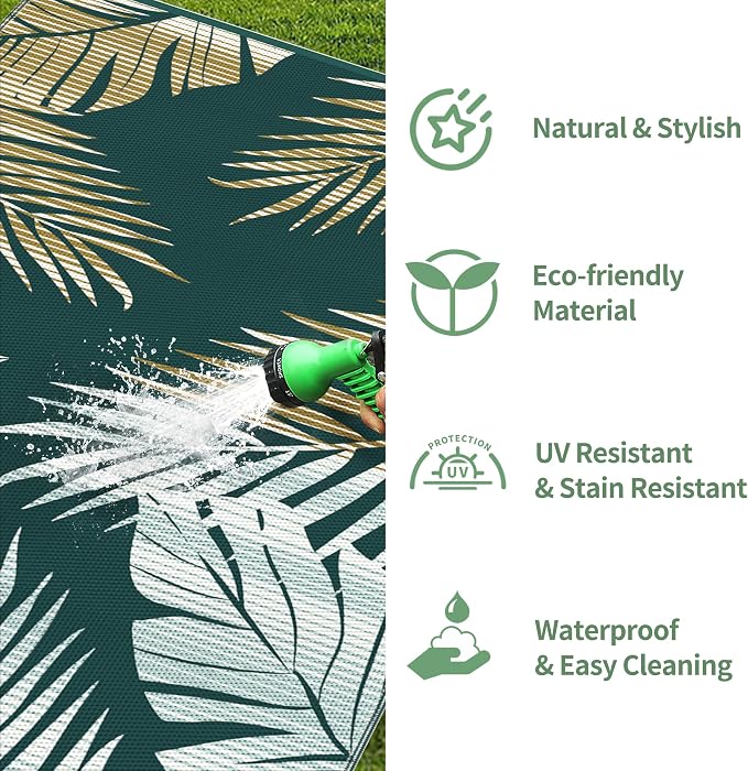 GENIMO Outdoor Rug, Waterproof Plastic Rugs for Patio, 6'x9' Lime Green | Outside Larger Leaf Carpet Mat for Porch Decor, Deck, Balcony, Camping, RV, Backyard, Picnic, Beach, Reversible, Foldable