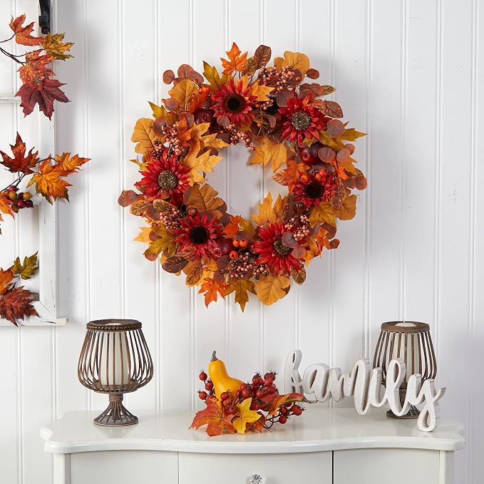 Nearly Natural 30 in Artificial Fall Sunflower Wreath for Front Door Decor | Harvest Acorn and Berries, Autumn Foliage Accents, Perfect for a Bare Wall or Door, Festive Fall Feel