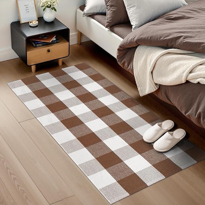 Collive Buffalo Plaid Checkered Outdoor Rug, Fall Autumn Decor Door Mat, 2x4.3 Coffee and White Front Porch Rug, Washable Welcome Layered Doormat Outside Entrance for Kitchen Entryway Patio