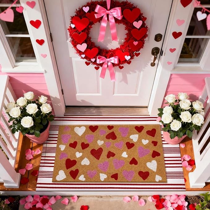 Moucuny 2 Pcs Valentine's Day Coir Welcome Doormat Outdoor Valentine's Day Rug Layered Red and White Stripe Mat Red Heart Mat for Front Porch Outdoor Entryway