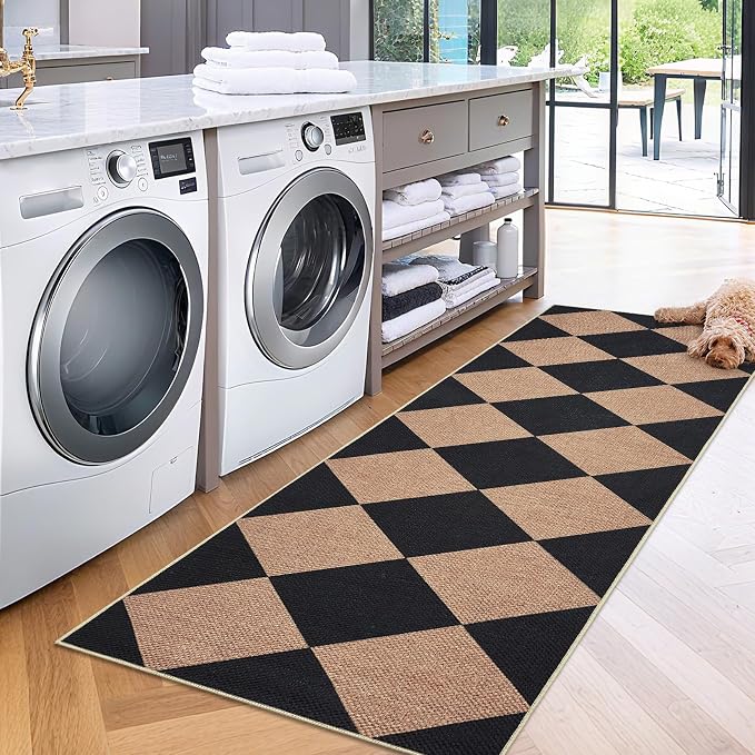 Garvee 2x8 Easy Jute Front Porch Rug, Modern Geometric Runner Rug with Non Slip Backing, Diamond Washable Rugs for Entryway, Stain Resistant Non Shedding Mats for Bedroom, Kitchen, Patio, Black/Brown