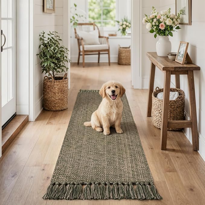 Collive Moss Green Bathroom Runner Rug, 2' x 5' Modern Farmhouse Kitchen Runner Rug Hand-Woven Entryway Rugs Runners for Hallway, Boho Washable Laundry Carpet Indoor Front Door Mat for Bedroom Decor