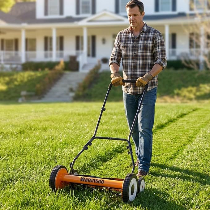 Walensee 20-Inch Manual Lawn Mower, 5-Blade Push Reel, 9 Heights | Precision-Ground Alloy-Steel Blades Deliver Clean Scissor-Like Cuts, While Manual Cordless Operation Keeps Lawn Care Quiet