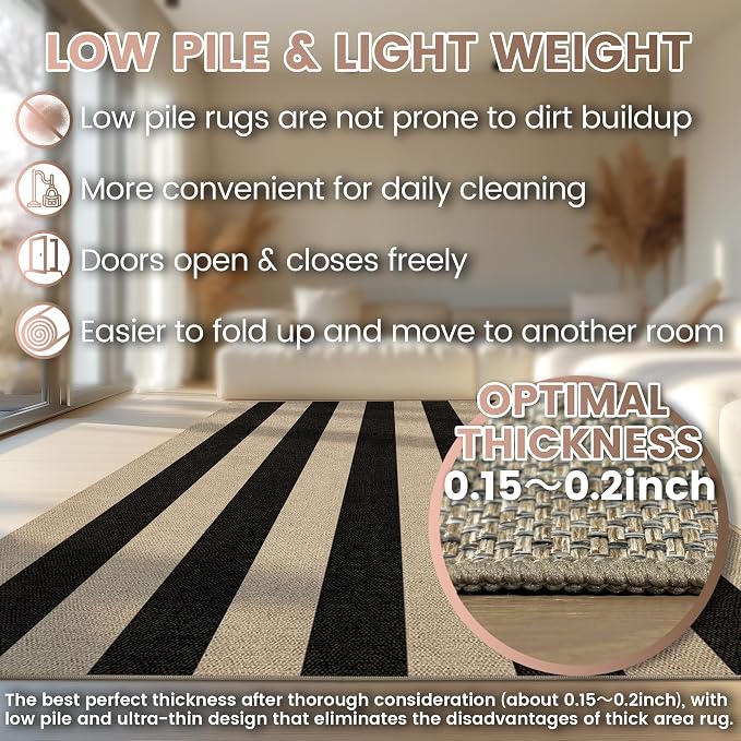 Washable Striped Easy Jute Runner Rug, 2x8 Black Boho Geometric Outdoor Indoor Patio Rug, Low Pile Lightweight Non Slip Neutral Long Runner Carpet Mat for Hallway Kitchen 8ft Entryway Porch Farmhouse