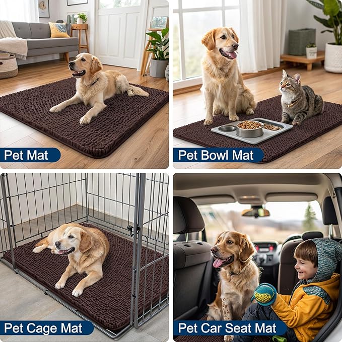 Smiry Dog Door Mat for Muddy Paws 70x32, Absorbent Dirt Trapper, Non-Slip Washable Chenille Entryway Rug for Inside Floor, Brown, Classic Solid