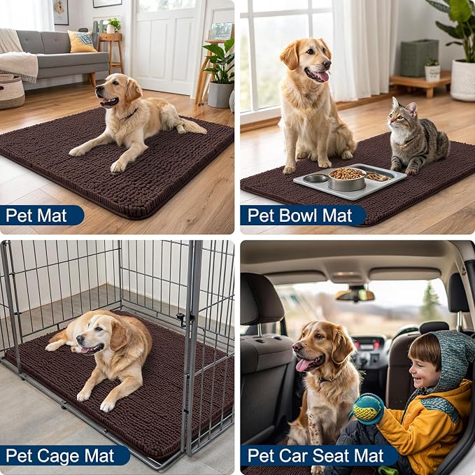 Smiry Dog Door Mat for Muddy Paws 54x24, Absorbent Dirt Trapper, Non-Slip Washable Chenille Entryway Rug for Inside Floor, Brown, Classic Solid