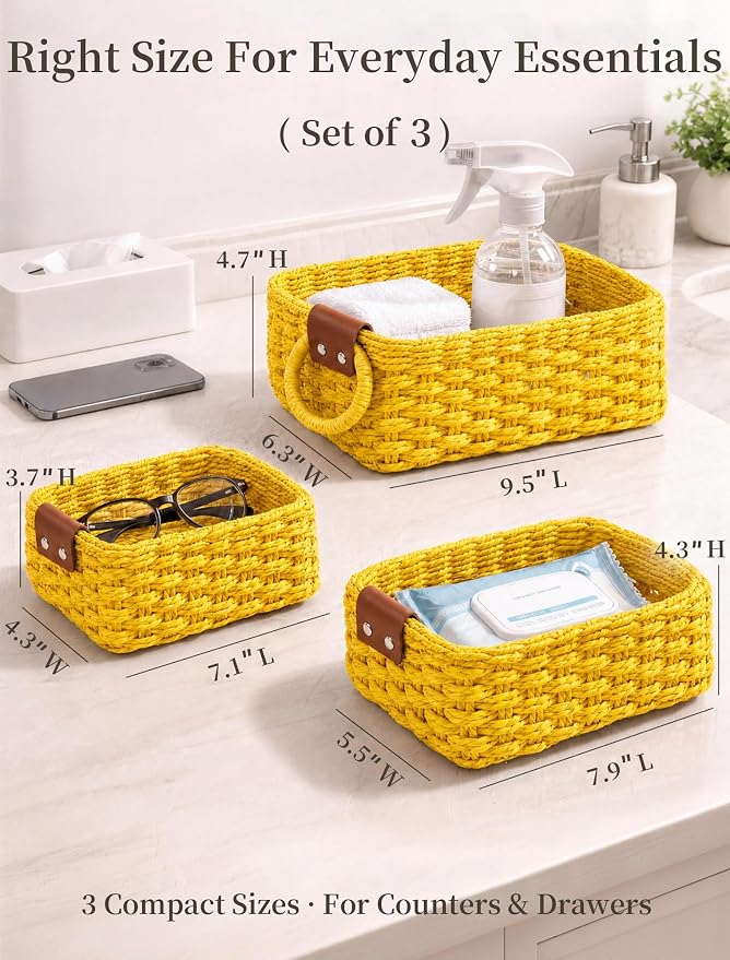 Small Wicker Baskets, 3 PCS Paper Rope Baskets for Shelves, Yellow | Recycled Small Baskets, 3 Sizes Woven Baskets for Organizing, Decorative Storage Baskets for Bedroom and Bathroom