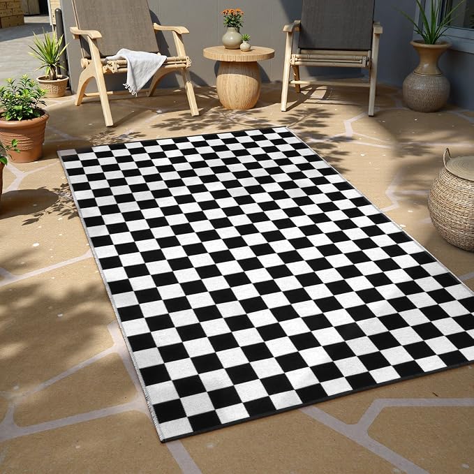 Seavish Black and White Outdoor Checkered Rug, 3x5 Layered Front Door Mat | Cotton Woven Washable Moroccan Checkerboard Rugs, Reversible Floor Mat for Bedroom Entryway Porch Patio Dorm