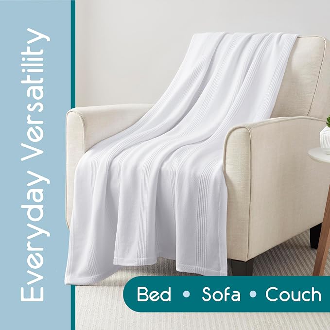 Vellux 100% Cotton Blanket, Twin, 66x90, White | Soft, Breathable Knit, Lightweight, All Season, Machine Washable, Oeko-Tex Certified, Hotel Quality