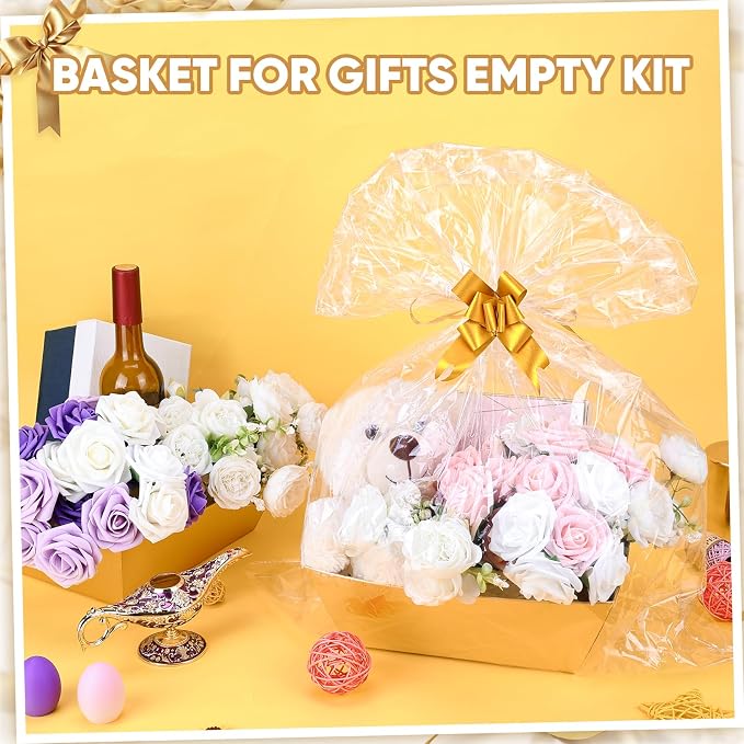 20PACK Gold Baskets for Gifts Empty, 12x10x4” Thick Cardboard Gift Basket Kit with 20 Bows & 20 Bags - Kraft Empty Gift Baskets for Christmas, Weddings, Birthdays, Bulk Gifting