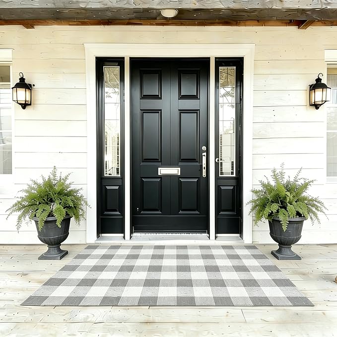 Buffalo Plaid Outdoor Rug 3x5 Ft Gray and White Checkered Area Rug Washable Doormats Indoor Outdoor Rugs for Layered Front Door Mats, Porch, Entryway, Kitchen, Farmhouse
