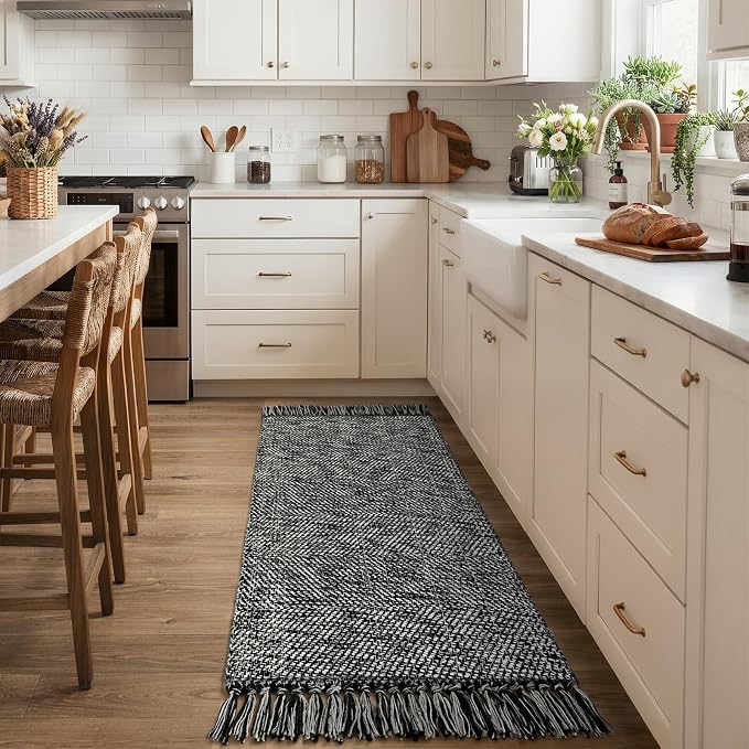 Collive Bathroom Runner Rug, 2' x 5' Modern Farmhouse Kitchen Runner Rug Hand-Woven Entryway Rugs Runners for Hallway, Black Boho Washable Laundry Carpet Indoor Front Door Mat for Bedroom Decor