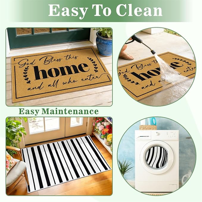 2 Pcs Coir Door Mat Welcome Mats for Front Door Black White Striped Layering Rug for Porch Outdoor Entrance Doormats Non Slip God Bless Matt for Religious Gifts Christian Rugs for Patio 23.6"x35.4"