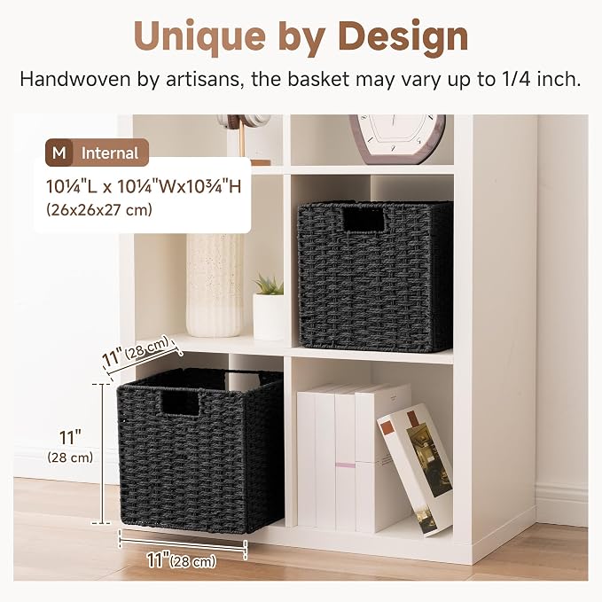 StorageWorks 11 inch Cube Storage Bins,Foldable Wicker Baskets,Black | 2-Pack,Handwoven Storage Cubes with Handles,Paper Rope Baskets for Organizing,Cube Organizer Bins,11x11 Cube Storage Bins