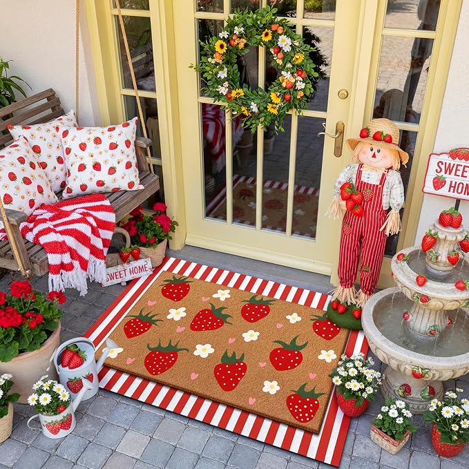 Tinideya 2 Pcs Strawberry Door Mat Summer Welcome Non Slip Coir Fruit Pattern Mats Floor Layering Red and White Stripe Doormats Seasonal for Front Porch Entryway Decor(Strawberry)