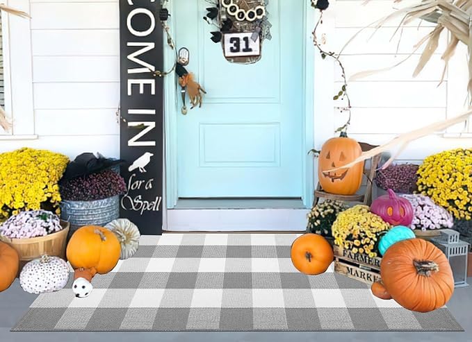 Grey and White Front Porch Rug 2'X4.3' Buffalo Plaid Outdoor Rug Cotton Woven Washable Indoor Outdoor Area Rug for Welcome Door Mat Entryway Dining Room Bedroom Living Room