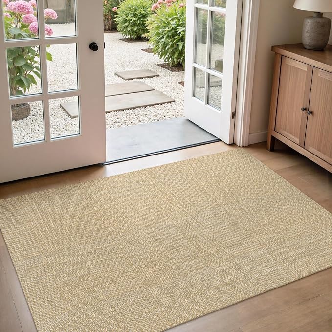 Rugalia Washable Woven Entryway Rug 3x5, Natural Beige Cotton Indoor Outdoor Doormat Low Plie Non-Slip Kitchen Mat, Modern Farmhouse Neutral Floor Carpet for Porch Living Room Bedroom Patio