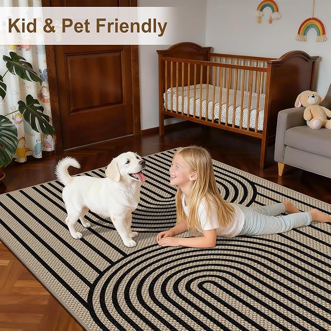 Faux Jute Rug for Living Room, 5' x 7' Area Rug, Black Farmhouse Ultra-Thin Washable Non-Slip Outdoor Rug for Bedroom, Dining Room, Backyard, Home Decor