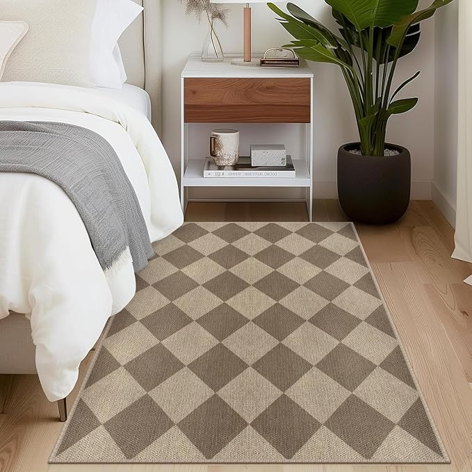 Rugalia Easy Jute Small Outdoor Patio Rug, 3x5 Brown Checkered Entryway Rug Washable Modern Diamond Kitchen Rugs, Non-Slip Neutral Farmhouse Throw Carpet for Living Room Porch Backyard