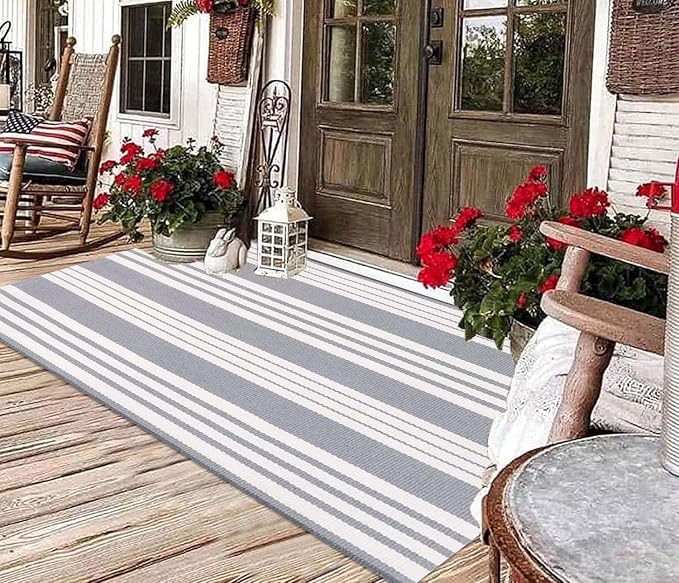 BUAGETUP Grey and White Outdoor Rug 3'x 5' Hand-Woven Cotton Washable Rug Striped Front Porch Rug Area Rug Floor Mat for Farmhouse/Layered Door Mats/Living Room
