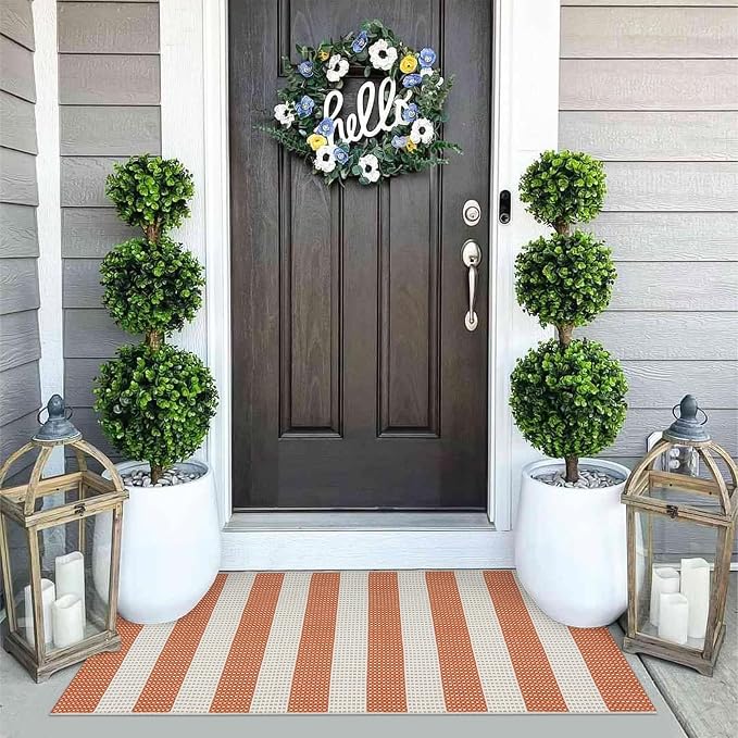 OJIA Front Door Rug 24"x51" Outdoor Door Mat Striped Porch Rug Fall Decor | Washable Front Door Mat Outside Entrance Small Area Rug Cotton Woven Carpet for Porch Kitchen Entryway Patio Orange/White