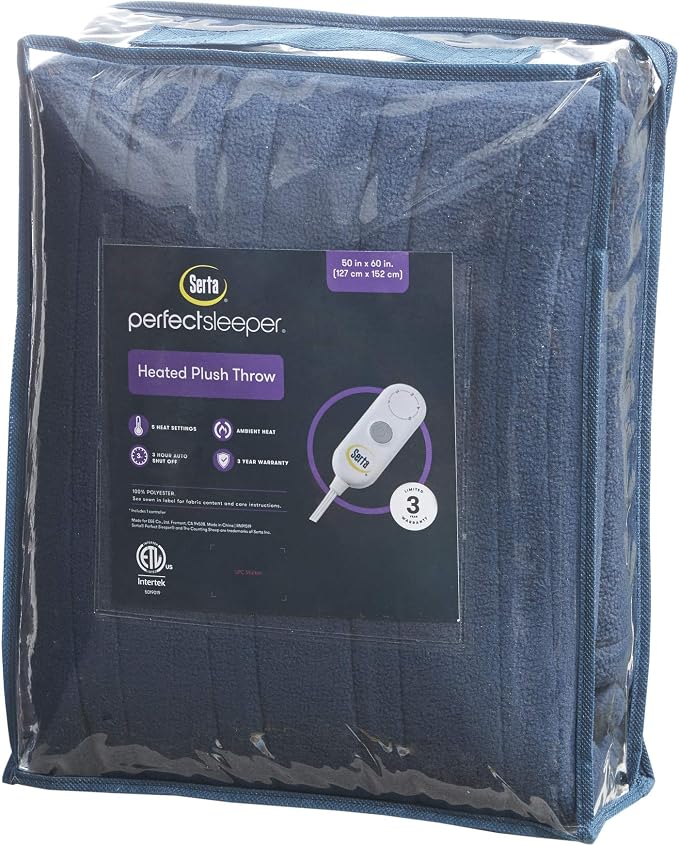 Serta Heated Electric Throw - Reversible Fleece Heating Blanket, Indigo | Dual-Layer Heated Throw Blanket With 5 Heat Settings & Auto Shut Off, Machine Washable, ETL Certified