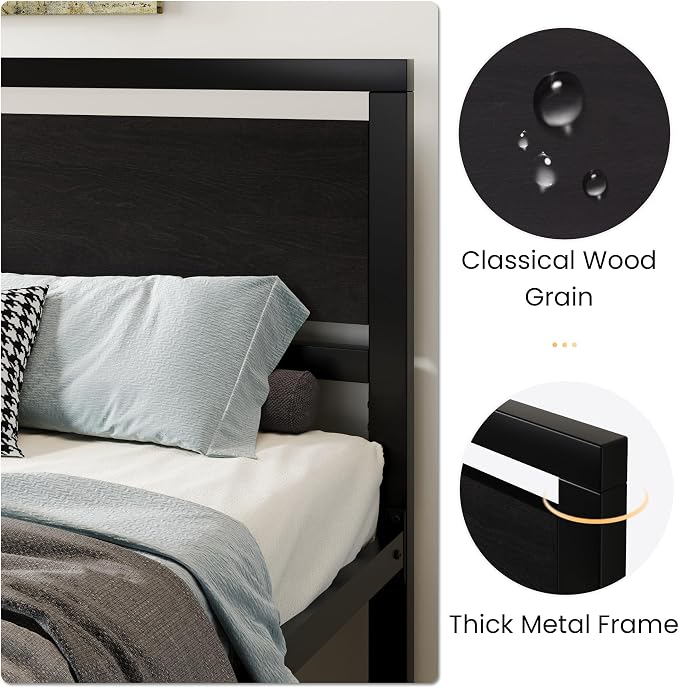 SHA CERLIN Heavy Duty King Size Bed Frame with Modern Headboard, Black | Platform Metal Base with Footboard and 13 Slats Support, No Box Spring Needed