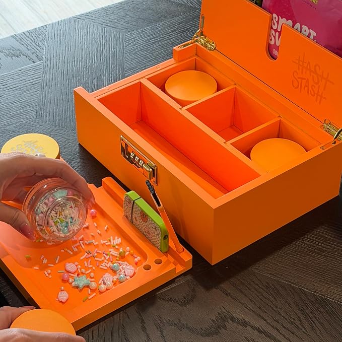 HASHSTASH The OG Storage Box - Large Bamboo Box with Combination Lock, Magnetic Lid, Organizer Tray, Airtight Tube and 3 Jars - Discreet Decorative Locking Wooden Box with Accessories (Neon Orange)