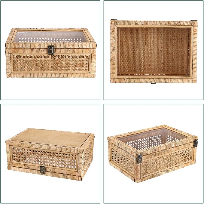 Hipiwe Vintage Decorative Box with Clear Lid Rattan and Wood Display Boxes | Handcrafted Shelf Basket Bin Large Wicker Storage Basket Rectangular Keepsakes Box for Bathroom Home Decor, 14x10x5.7 inch