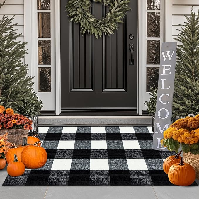 FONEYI Buffalo Plaid Outdoor Rug for Front Door Mats, 24" x 36" Black and White Checkered Layered Door Mat with Non Slip Backing, Washable Entryway Rug for Porch, Front Porch and Farmhouse Decor