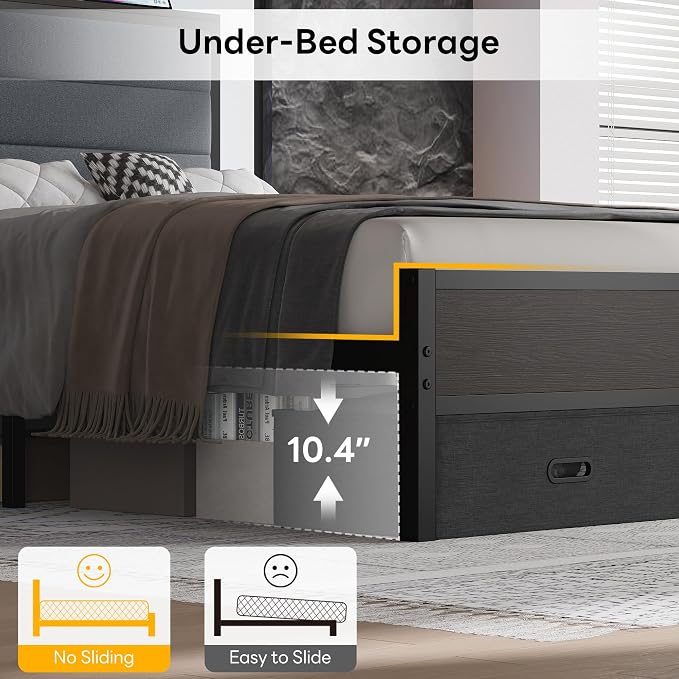 LIKIMIO Full Size Bed Frame with 2 Storage Drawers, Upholstered Headboard | Full Platform Bed Frame with Charging Station & LED Lights, Modern Style, Noise Free, No Box Spring Needed, Black and Grey