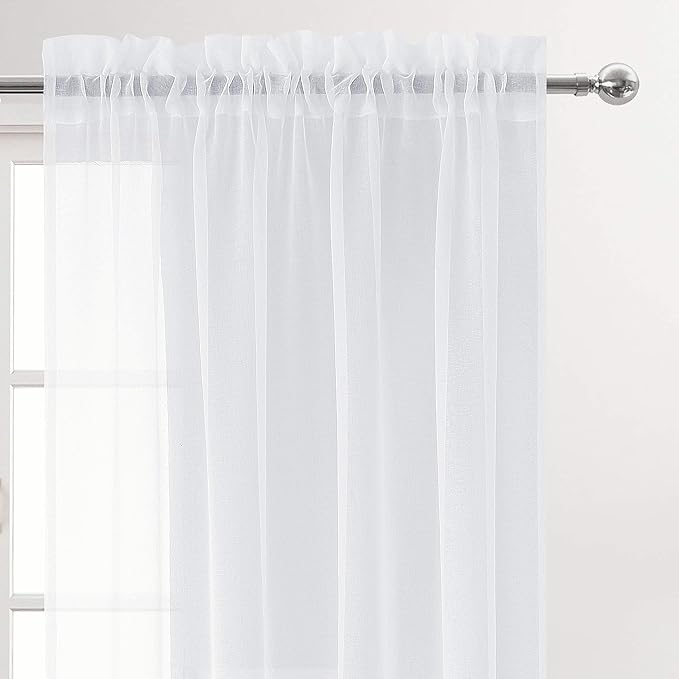 DWCN Sheer White Curtains 63 inch Length 2 Panels Set, Rod Pocket Solid Color - Image 2