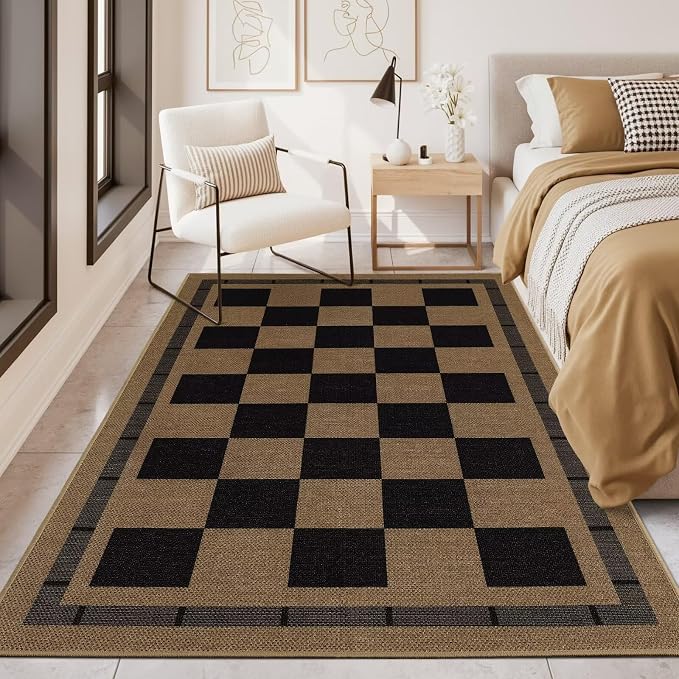3x5 Outdoor Rug, Jute Checkered Rugs, Patio, Entryway, Balcony Porch Carpet | Indoor Plaid Carpets, Washable Bedroom Kitchen Rugs, Non Slip Farmhouse Neutral Laundry Office Floor Mat, Black and Brown