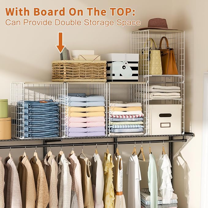 6 Tier Taller Closet Organizers and Storage, Stackable Closet Shelf Organizer with 2 Dividers for Clothes Towels Toys, Rv, Double Storage Design, Clothing Storage Basket for Wardrobe, White ﻿