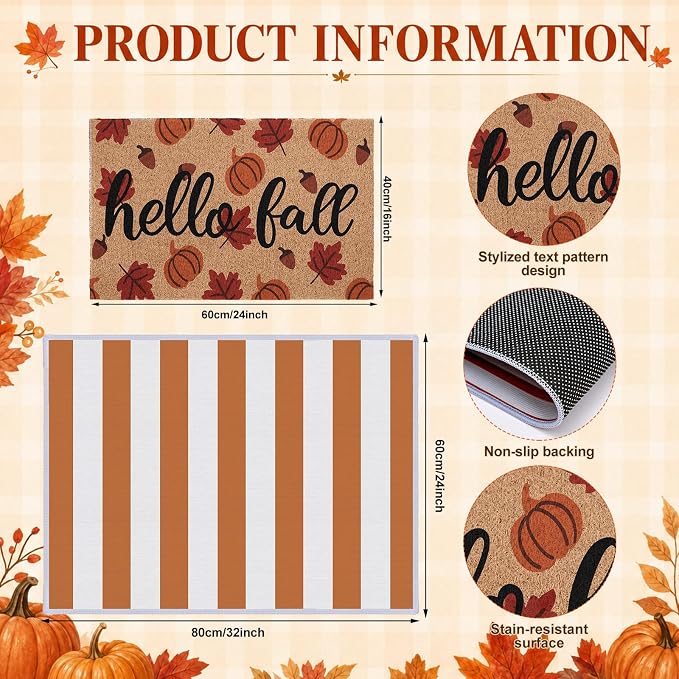 2pcs Hello Fall Doormats with Pumpkins Leaves Pattern Layered Autumn Front Porch Welcome Mat and Striped Crystal Velvet Layering Rug Non Slip Outdoor Entryway Flooring Decor for Thanksgiving