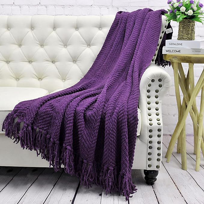 Home Soft Things Purple Throw Blanket Knitted Tweed Throw 50'' x 60'', Imperial Purple, Super Soft Cozy Warm Comfortable Breathable Throw for Living Room Chair Couch Bed Sofa Bedroom Home Décor