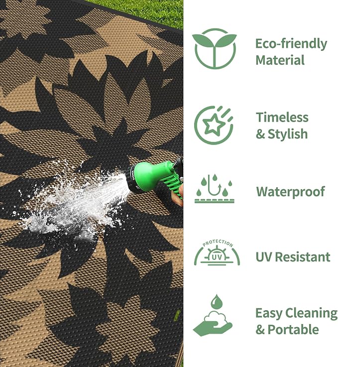 GENIMO Outdoor Rug, Waterproof Plastic Rugs for Patio, 6'x9' Raven Brown | Outside Larger Leaf Carpet Mat for Porch Decor, Deck, Balcony, Camping, RV, Backyard, Picnic, Beach, Reversible, Foldable