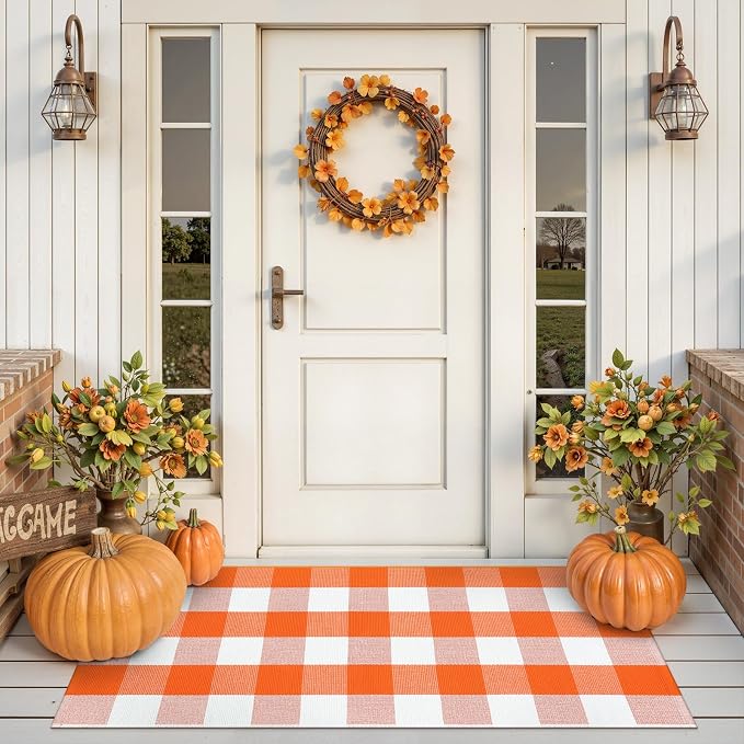 Collive Buffalo Plaid Checkered Outdoor Rug, White and Orange Halloween Fall Decor Door Mat, 2x4.3 Front Porch Rug, Washable Cotton Welcome Mat Layered Doormat Outside Entrance for Kitchen Entryway