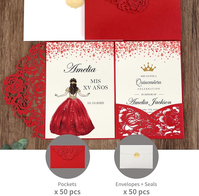 DORIS HOME Laser Cut Quinceanera Invitation Pockets, Red, 5"x7" | 50pcs, With Envelopes, For Birthday, Miss 15, Sweet 16, No Inserts Included