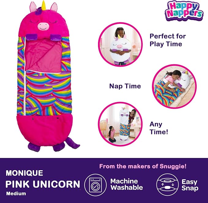 Happy Nappers 2-in-1 Pillow & Sleepy Sack Pink Unicorn, 54x20 Medium | Plush animal opens into a cozy sleeping bag for kids ages 3 and up. Machine washable, soft play pillow for napping at home