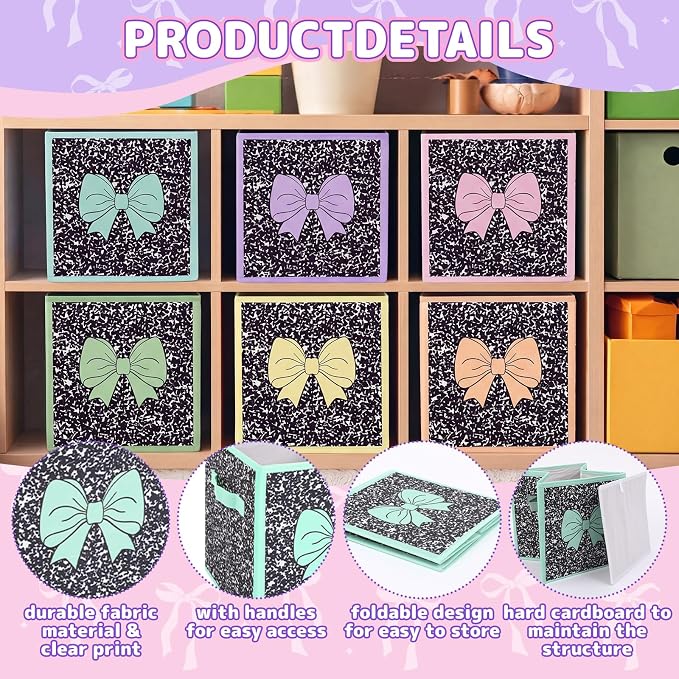 Kathfly 6 Pcs 11" Composition Notebook Fabric Classroom Storage Bins Pastel Bow Cubby Bins Storage Baskets with Handles for School Classroom Lost and Found Prize Office Home Organizer Supplies