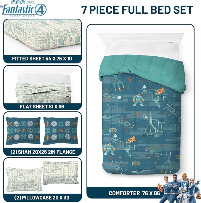 Marvel Fantastic Four Full Size Comforter Set 7 Piece Bedding, Blue | Superhero, Bed in a Bag, Comforter Sheets Shams Pillowcases, Official Product, Soft Microfiber, Machine Washable, Kids Gift