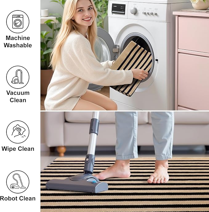 OLANLY Brown and Black Striped Rug 2'4" x 3'7" (27.5" x 43") – Washable Cotton Doormat for Indoor Outdoor Use, Layered Front Porch Rug for Entryway, Kitchen, Patio