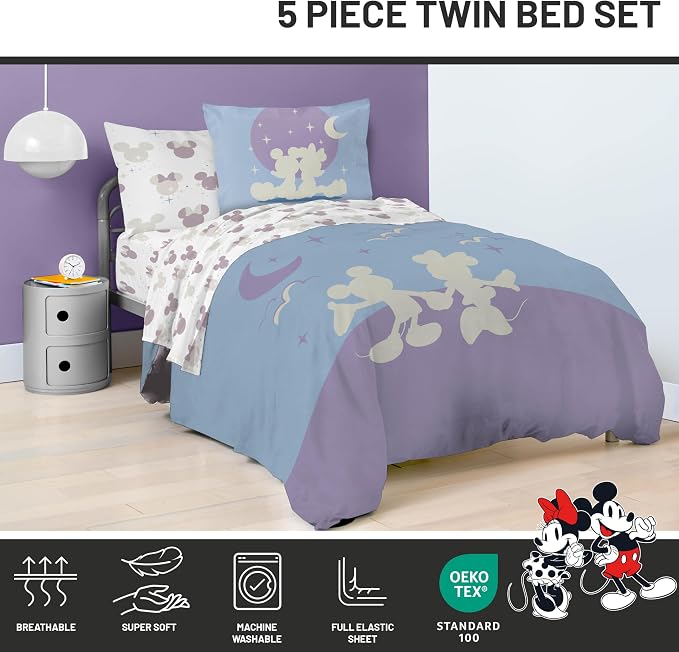 Disney Mickey and Minnie Mouse Twin Comforter Set 5 Piece Bedding, Grey | Bed in a Bag, Comforter Sheets Sham Pillowcase, Official Product, Soft Microfiber, Machine Washable, Easy Care, Kids Gift