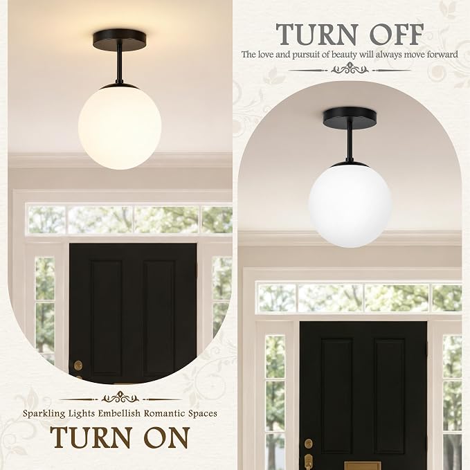 6" Mid Century Modern Globe Semi Flush Mount Ceiling Light Fixture Frosted Glass with Black Finish1-Light Globe Glass Ceiling Lights for Aisle Porch Stairway Closet Kitchen Laundry Room (Bulb Incl.)