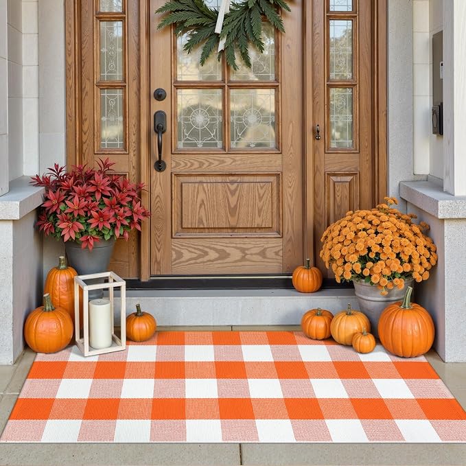 Collive Buffalo Plaid Checkered Outdoor Rug, White and Orange Halloween Fall Decor Door Mat, 2x4.3 Front Porch Rug, Washable Cotton Welcome Mat Layered Doormat Outside Entrance for Kitchen Entryway