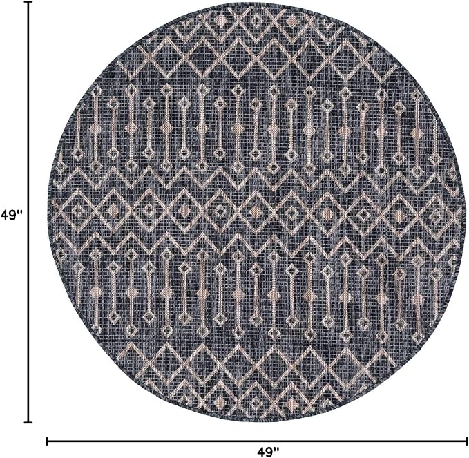 Unique Loom Outdoor Trellis Collection Area Rug - Tribal Trellis (4' 1" Round, Charcoal Gray/ Natural)