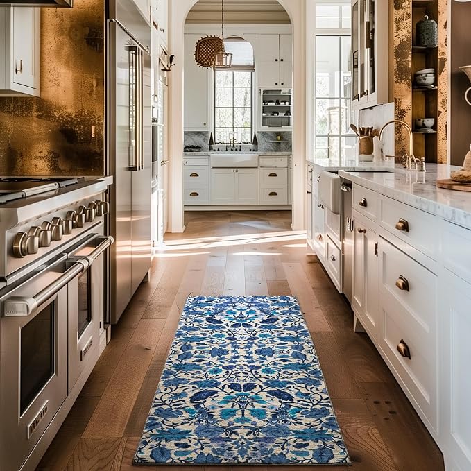 EVERGRACE Hallyway Area Runner Rugs 2x6, Boho Floral Faux Wool Indoor Outdoor Rugs, Washable Rugs for Bedroom Bathroom Living Room Kitchen, Low Pile Floor Mat Carpet for Home Decor, Celtic Blue